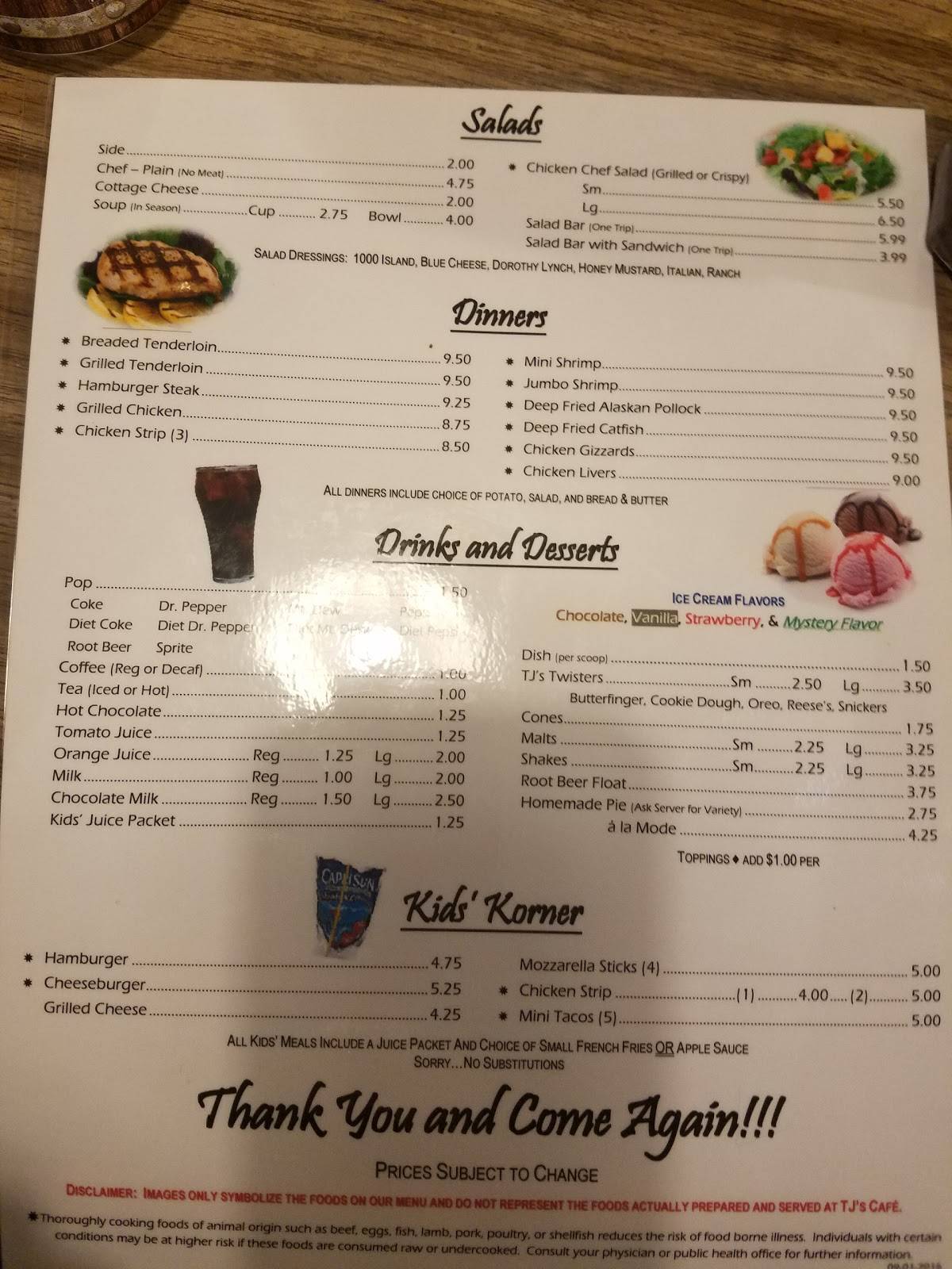 Menu at T J's Cafe, Villisca