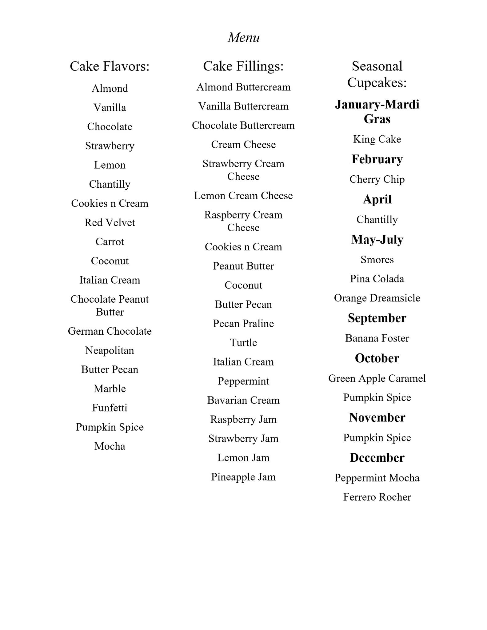 Menu at Cake Goddess LLC restaurant, Baton Rouge, Airline Hwy Suite 108