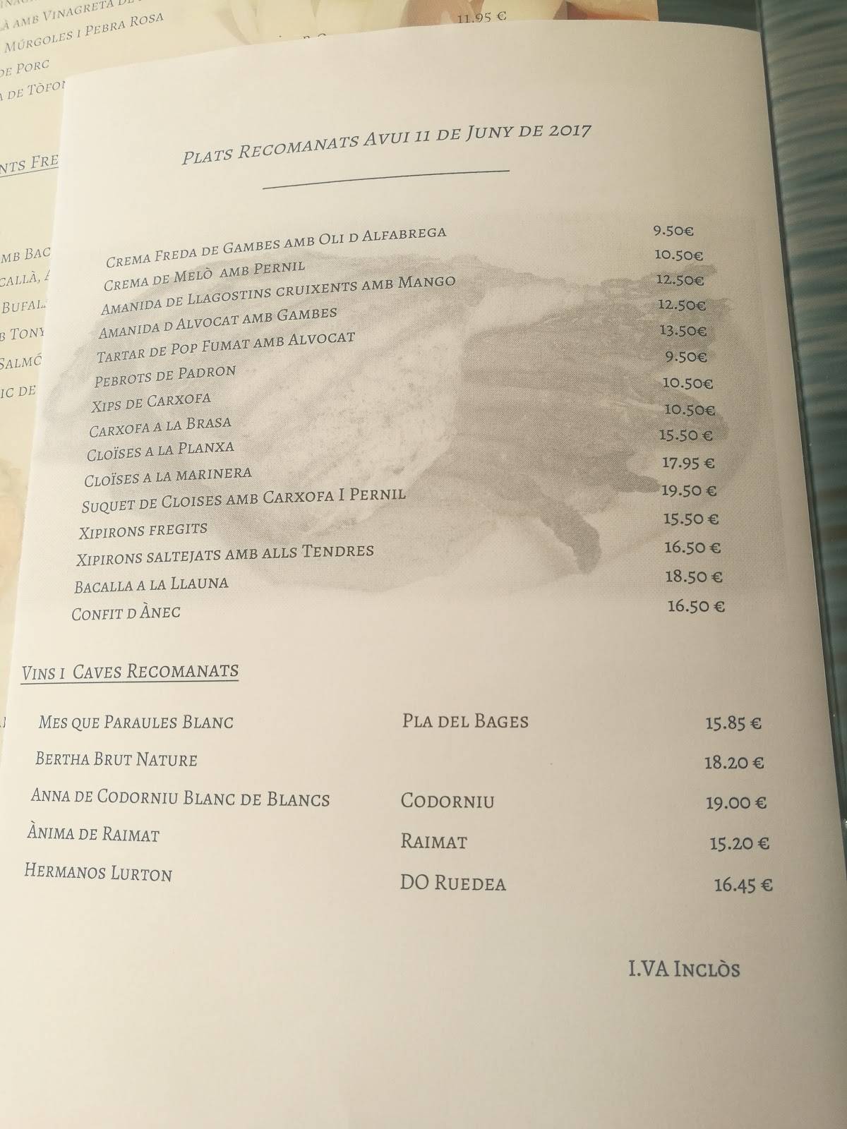 Carta del restaurante Can Jaume San Andrés del Llavaneras Port Balís