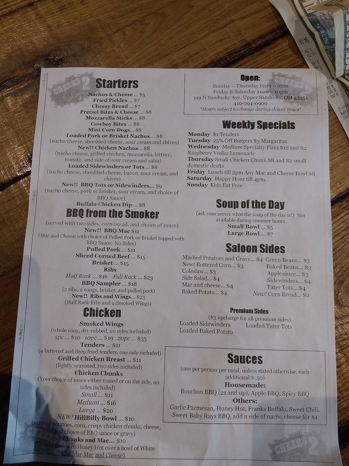 Menu at Cheers 2 U pub & bar, Upper Sandusky