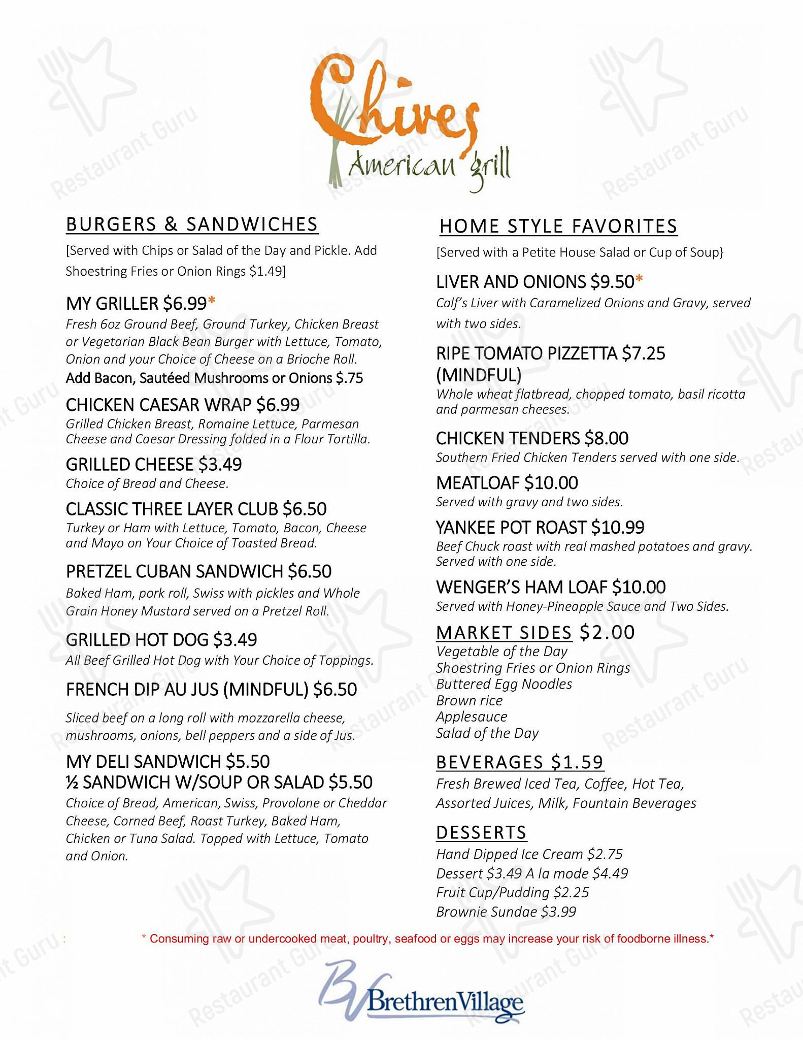 Menu at Chives American Grill restaurant, Lititz