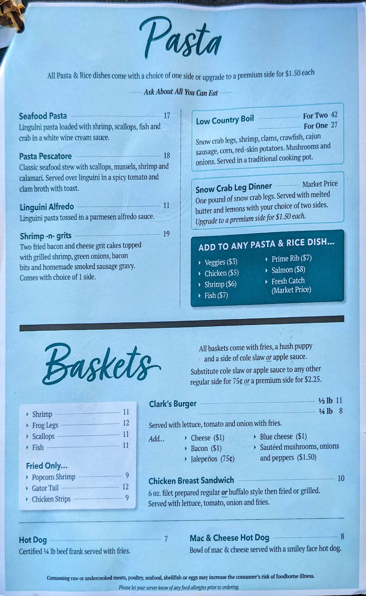 Menu at Clark's Fish Camp Seafood Restaurant, Jacksonville