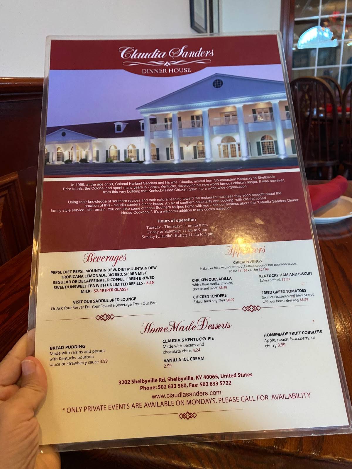 Menu at Claudia Sanders Dinner House restaurant, Shelbyville