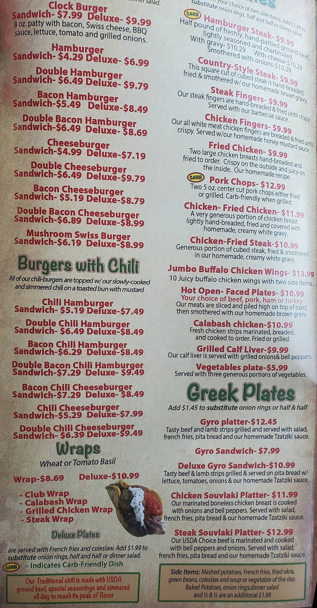 Menu at Clock of Gaffney restaurant, Gaffney