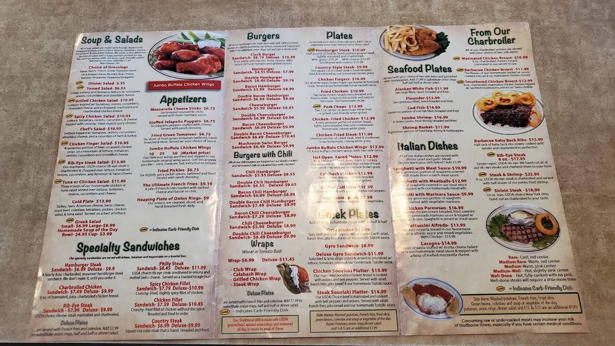 Menu at Clock of Gaffney restaurant, Gaffney