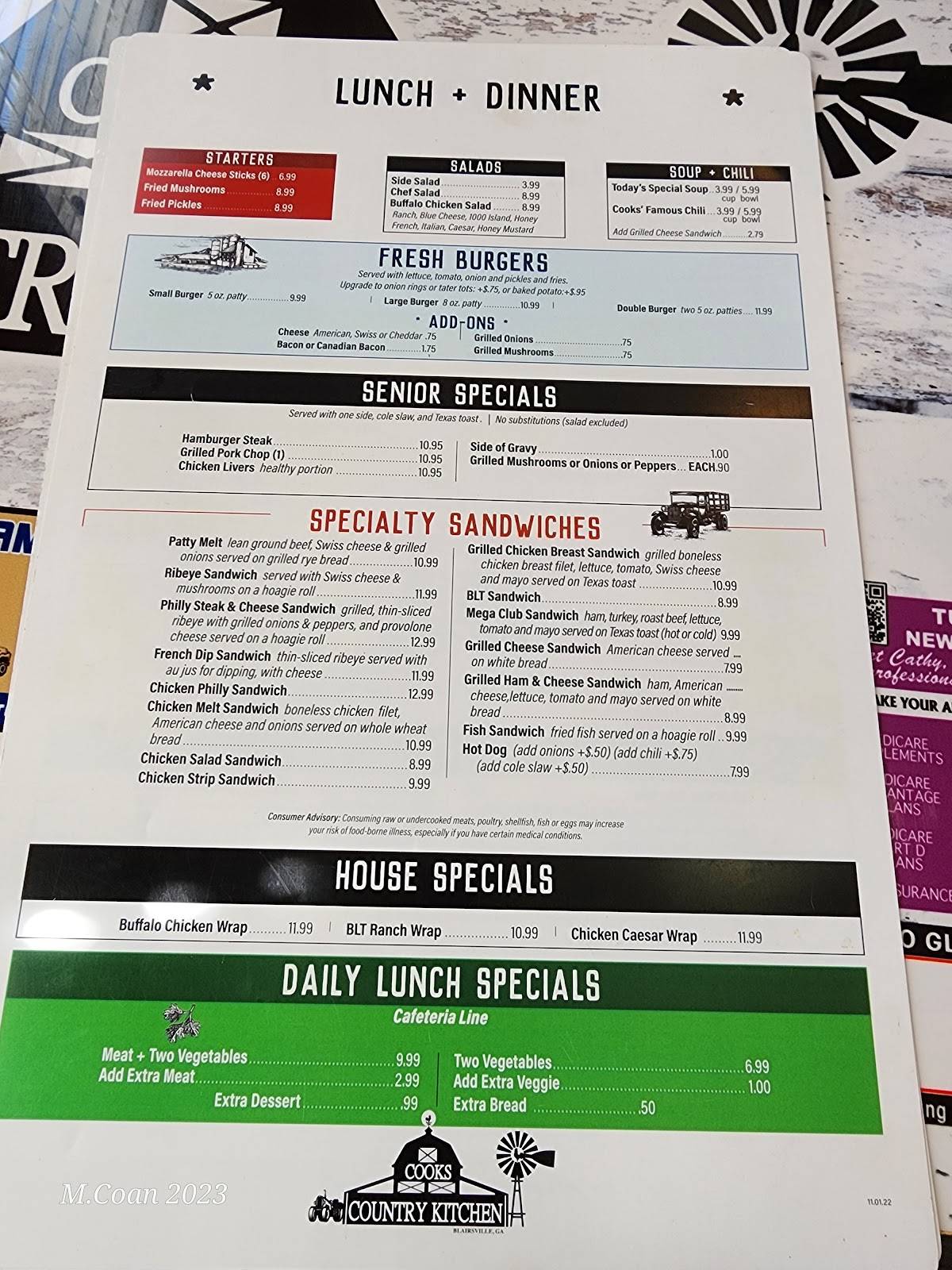 Menu at Cook's Country Kitchen restaurant, Blairsville, 105 Pat ...