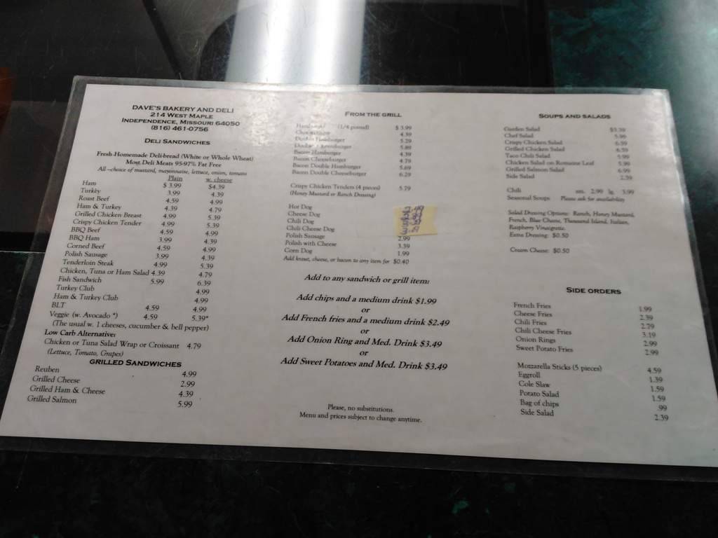 Menu at Dave's Bakery & Deli, Independence