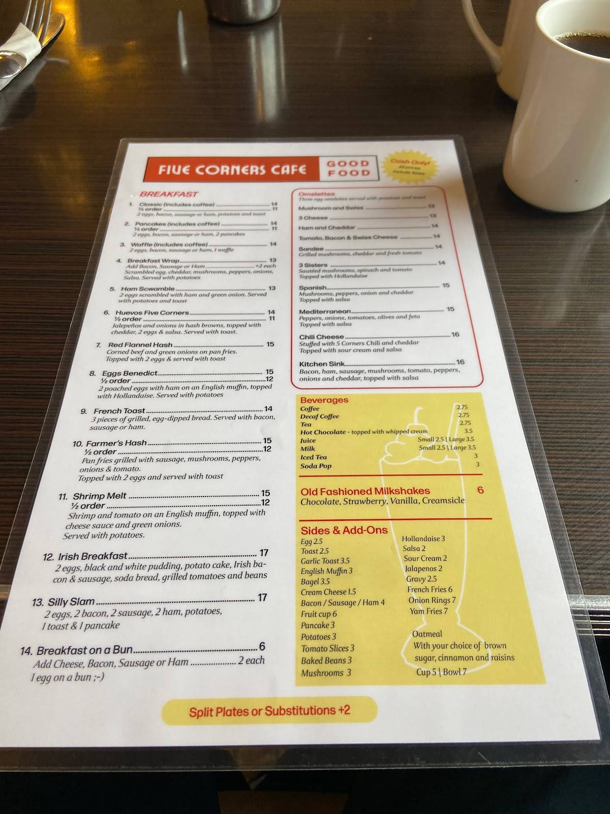 Menu at Five Corners Cafe, White Rock