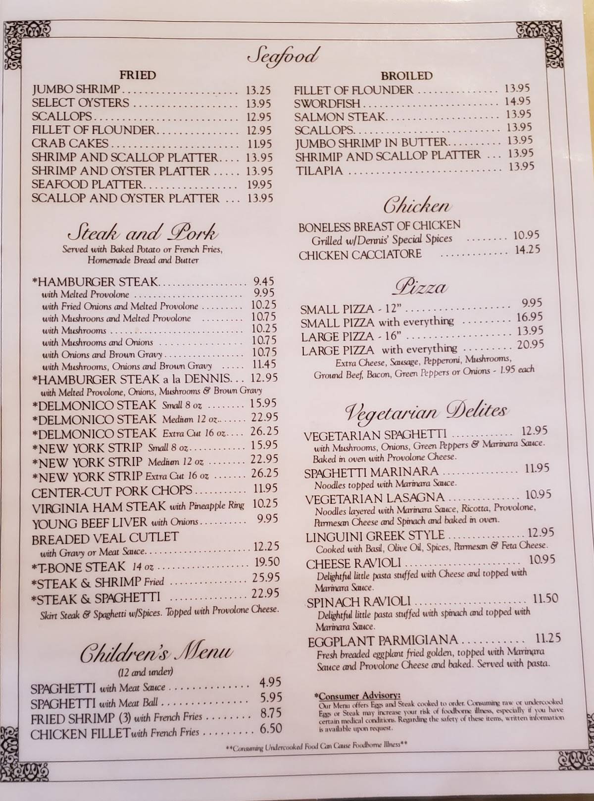 Menu at Dennis Spaghetti & Steak House steakhouse, Chesapeake