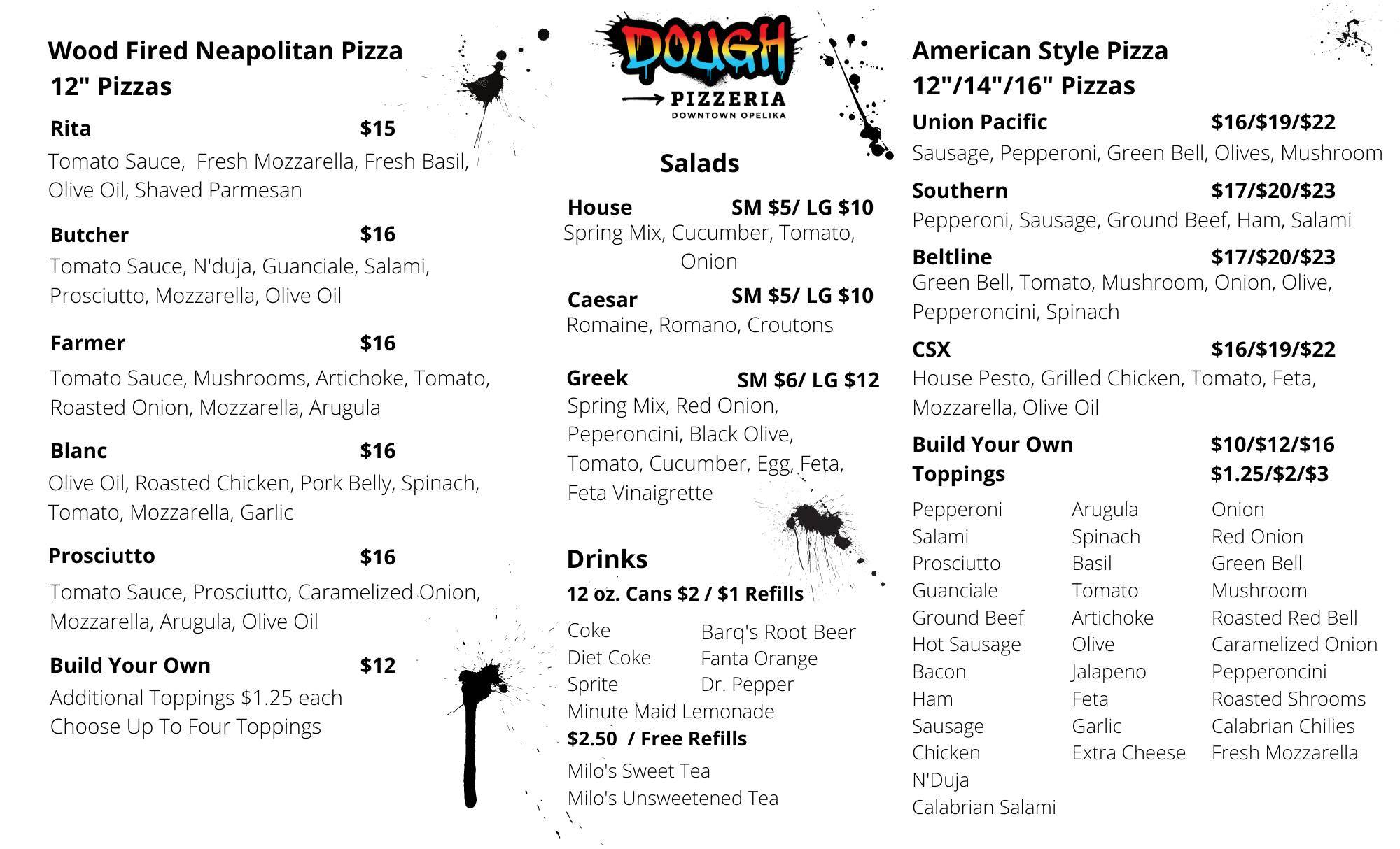 Menu at Dough Pizzeria, Opelika