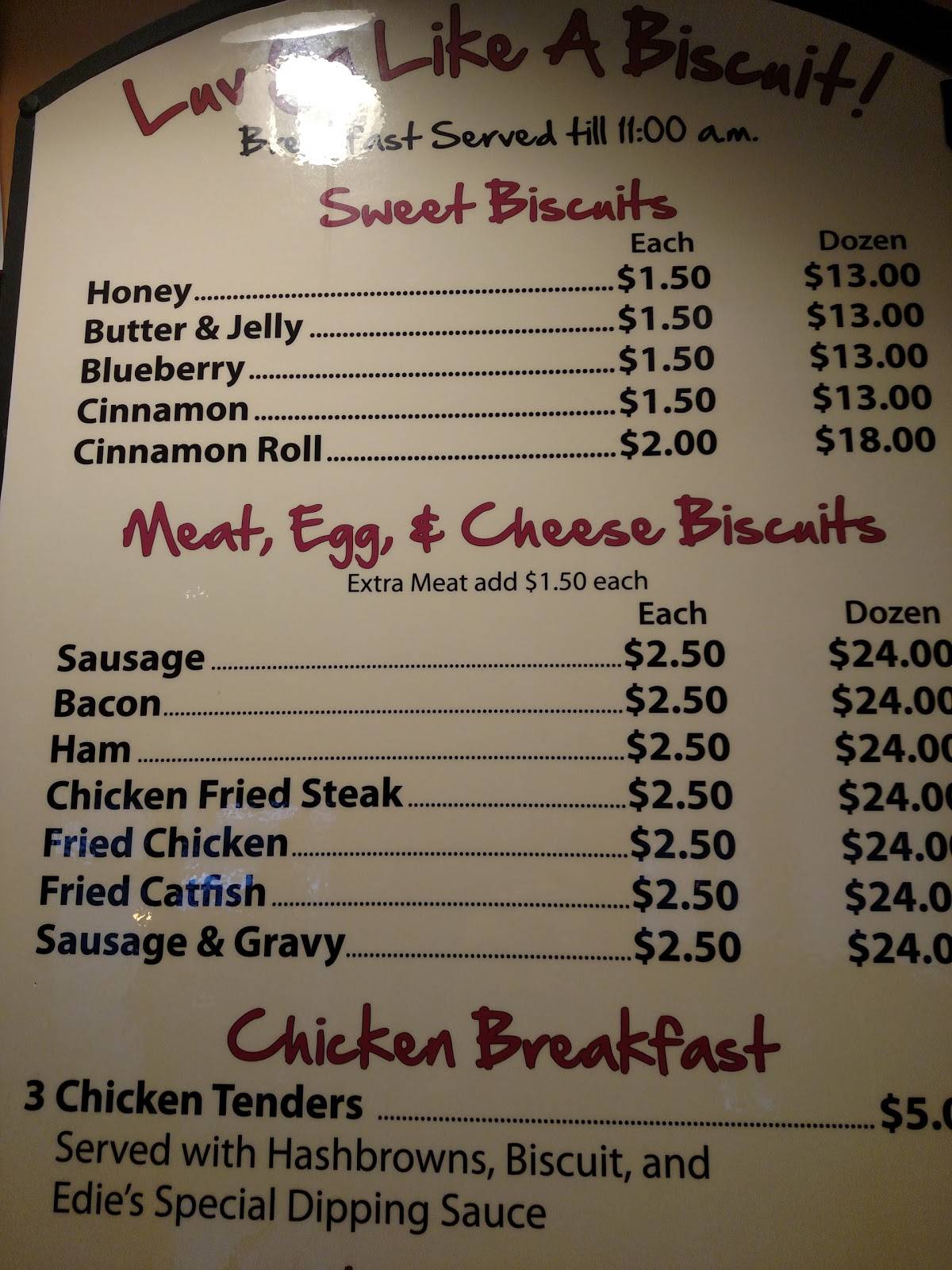 Menu at Edie's Biscuits restaurant, Lafayette, W Pinhook Rd