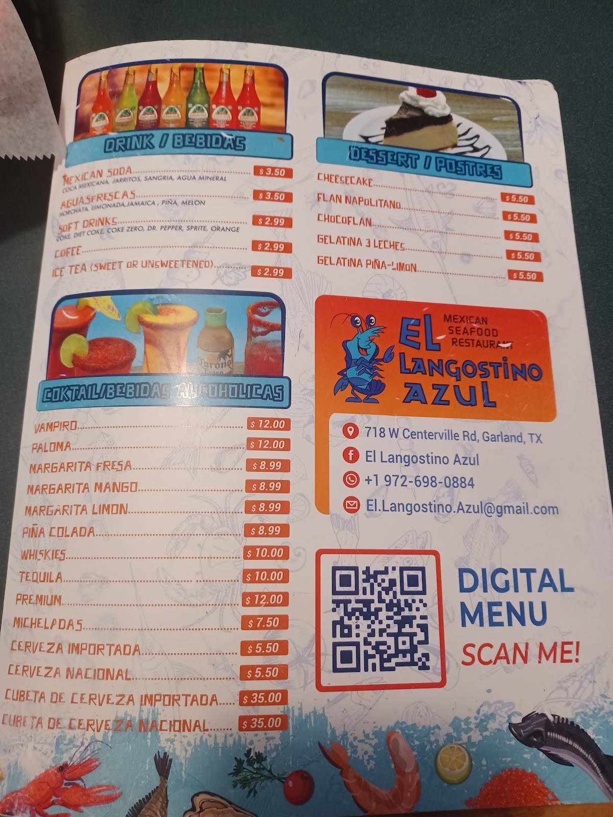 Menu at El Langostino Azul restaurant, Garland