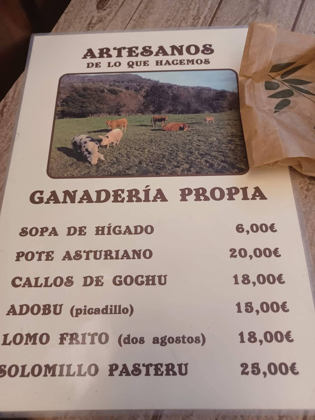 Carta del restaurante El Llagar Casa Juan, Cangas del Onís