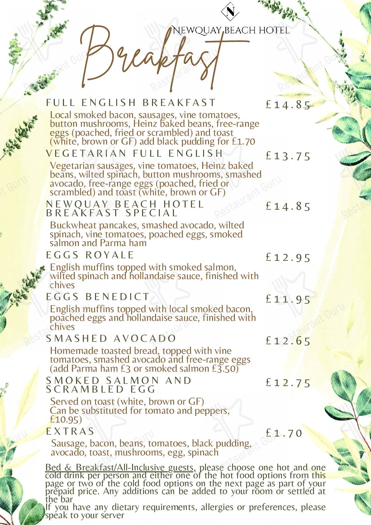 Menu at Feather Restaurant and Cocktail Bar at Newquay Beach Hotel, Newquay