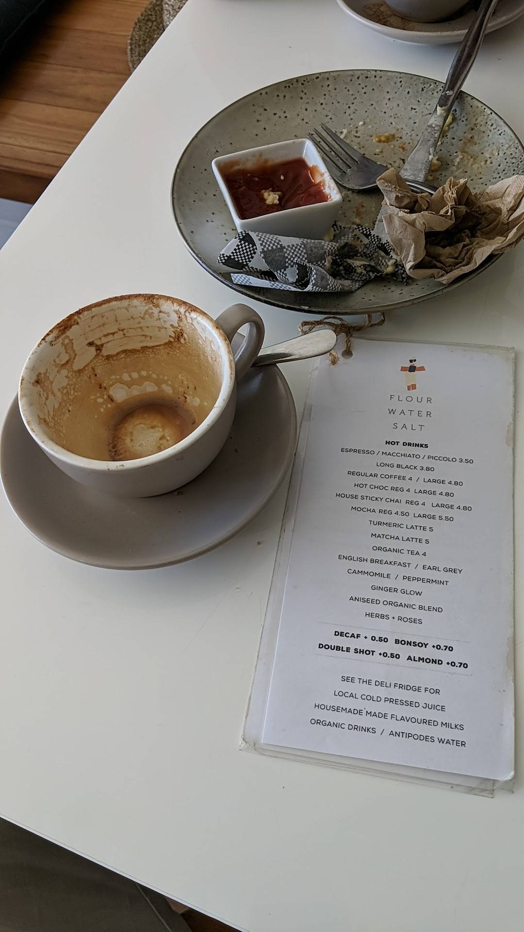 Menu at Flour Water Salt cafe, Kiama