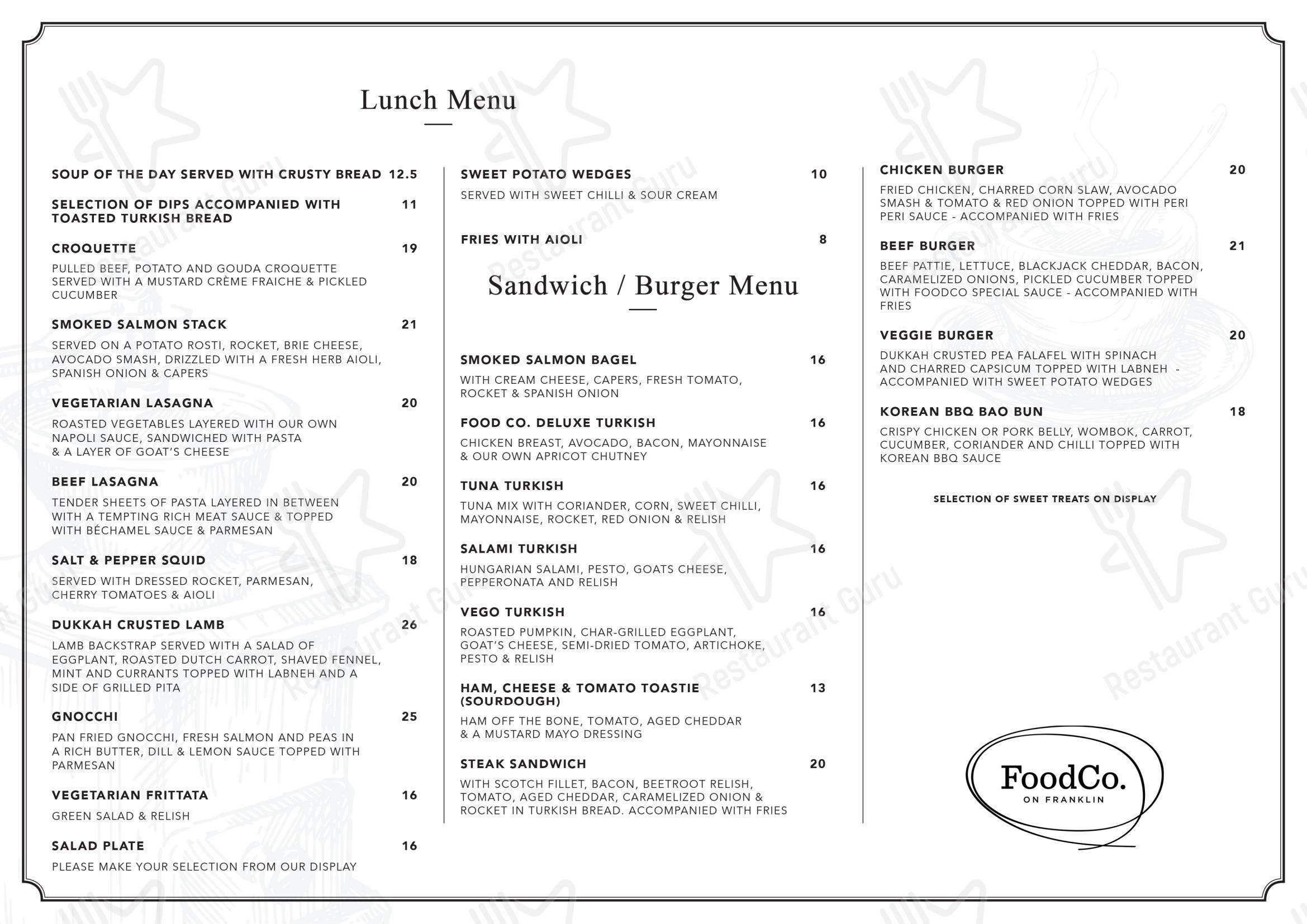 Menu at Food Co, On Franklin restaurant, Traralgon