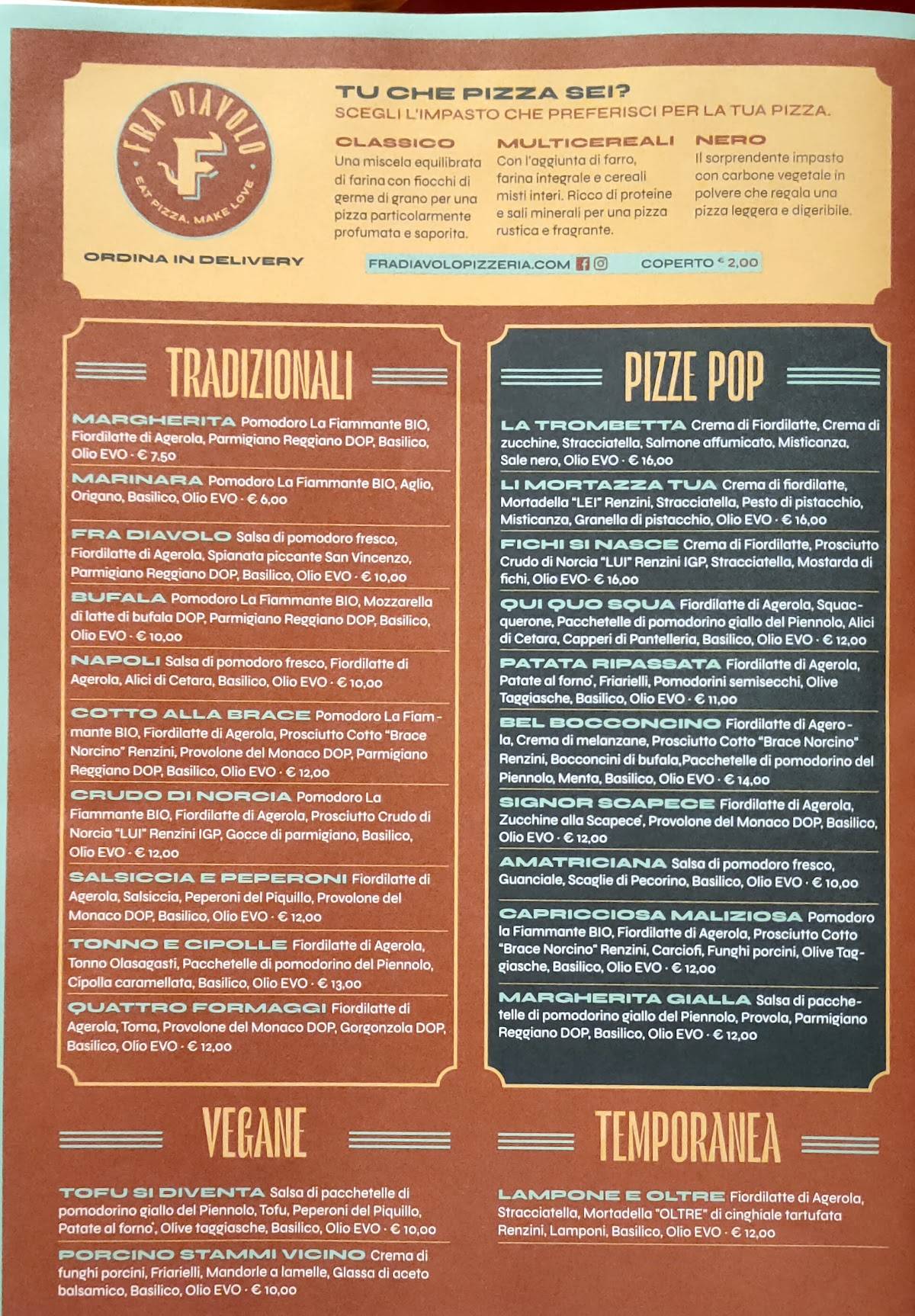 Menu da Fradiavolo Pizzeria Torino Piazza Carlina, Torino, P.za Carlo Emanuele II