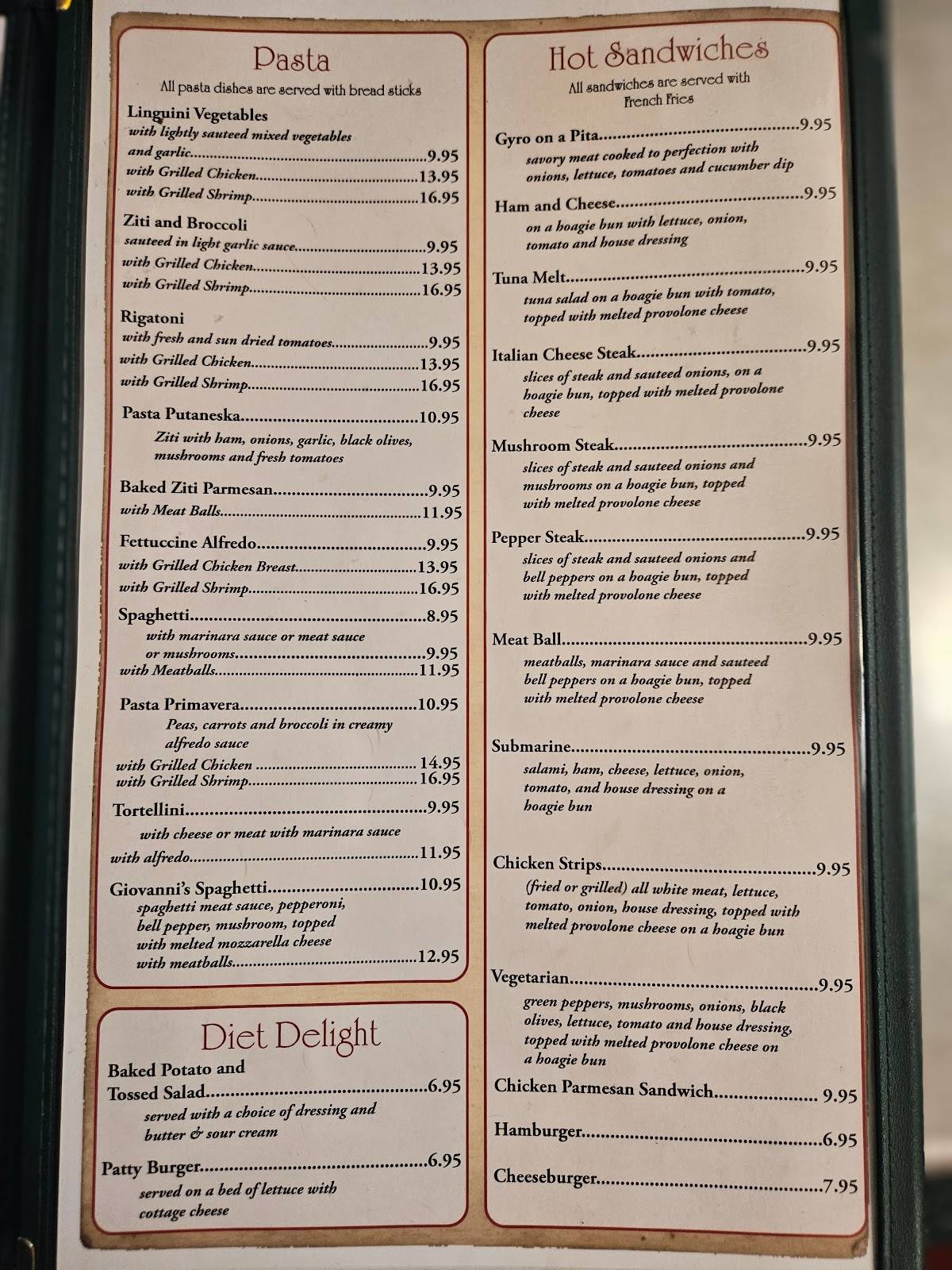 Menu at Giovannis Pizza LLC pizzeria, Oneonta