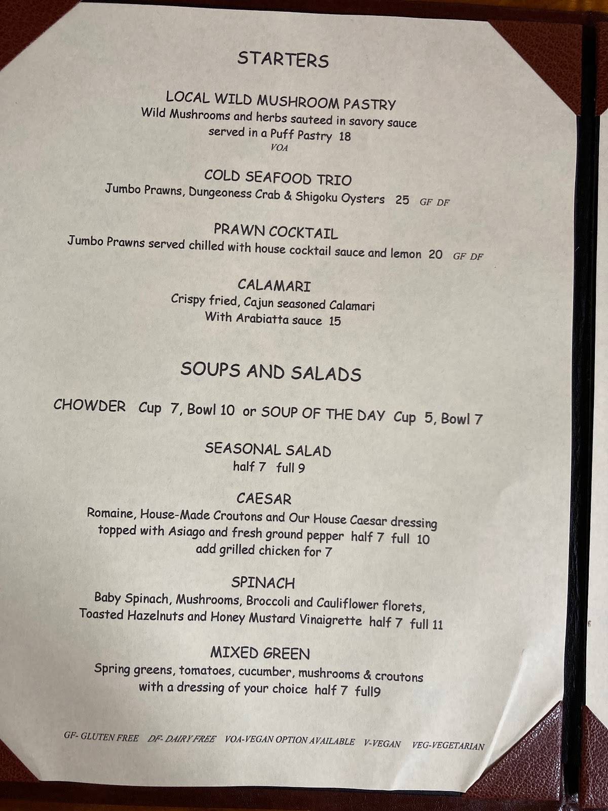 Menu at Spinner's steakhouse, Gold Beach