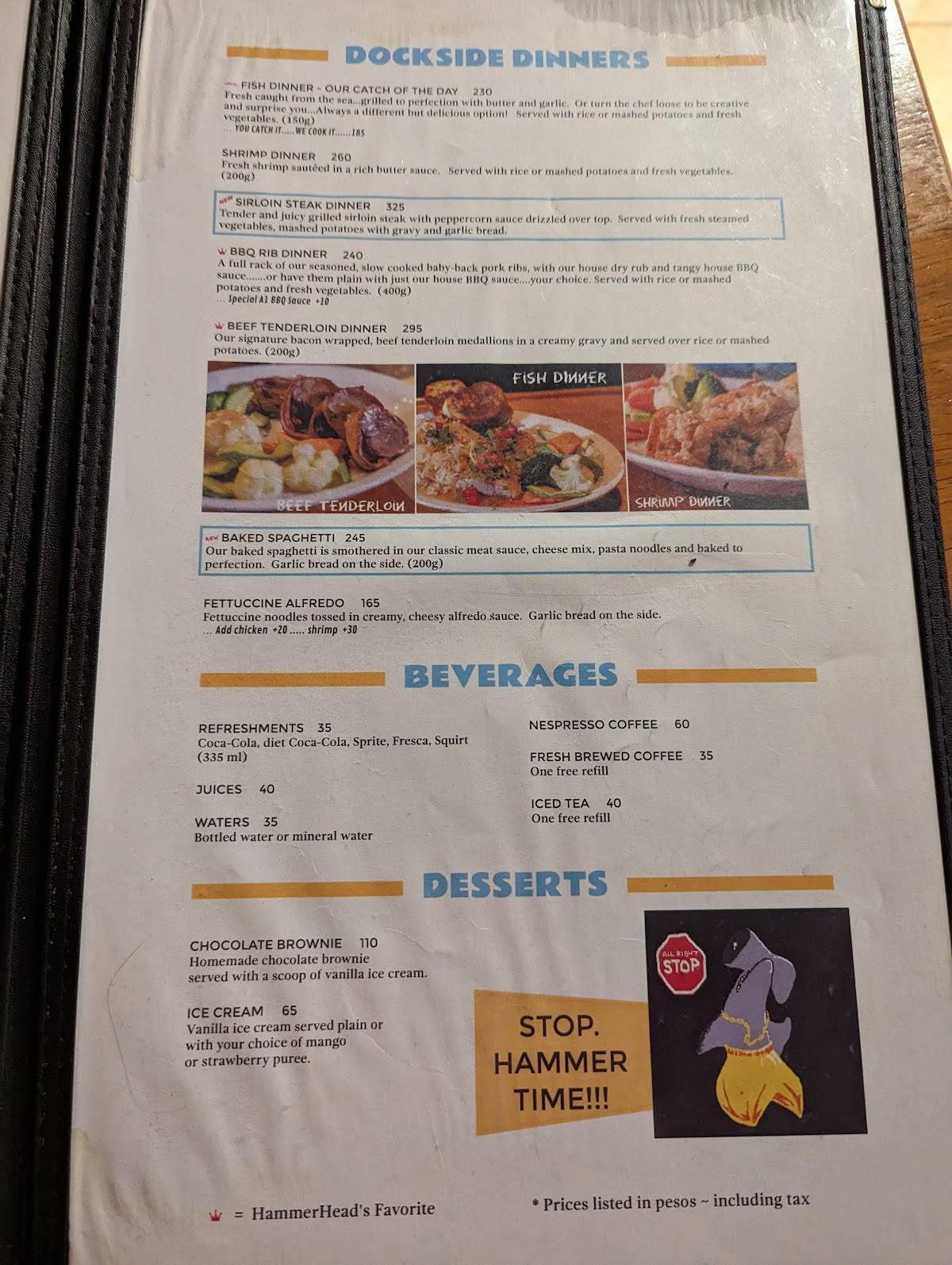 Menu at Hammerhead's pub & bar, San Carlos