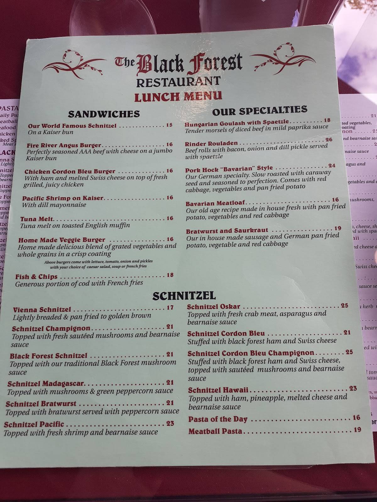Menu at Black Forest Steak & Schnitzel House restaurant, Harrison Hot ...