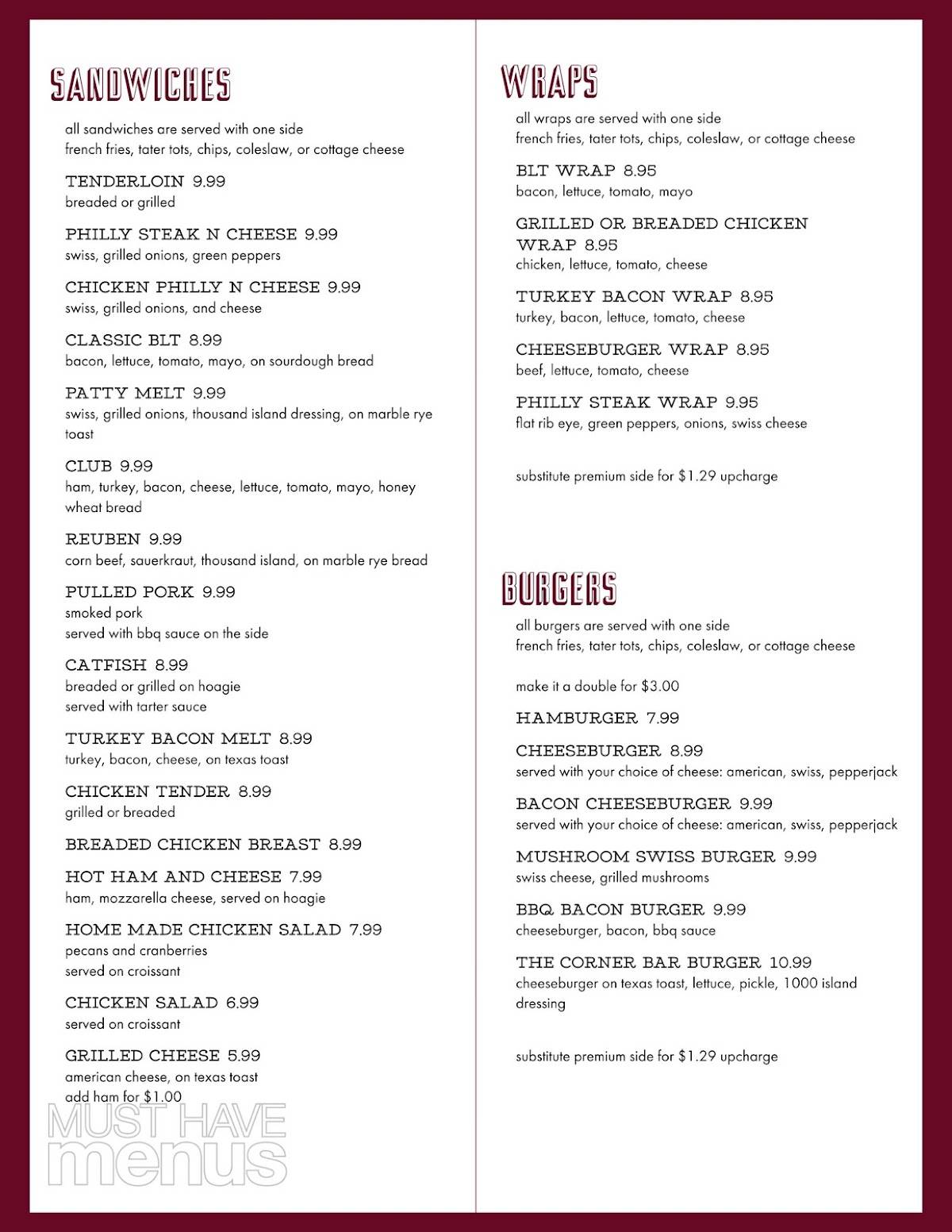Menu at The Corner Bar, Indianapolis