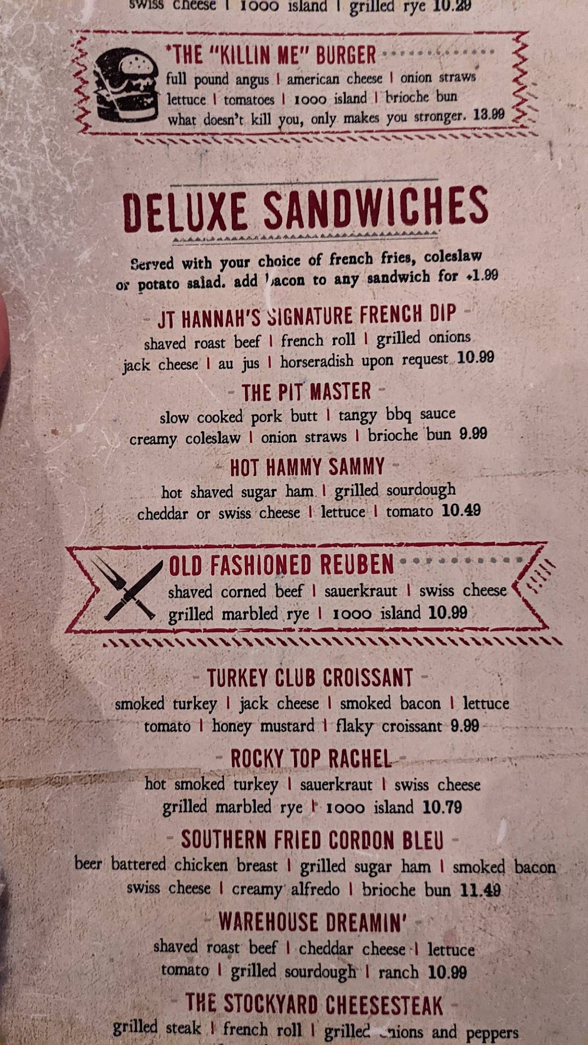 Menu at JT Hannah's Kitchen pub & bar, Pigeon
