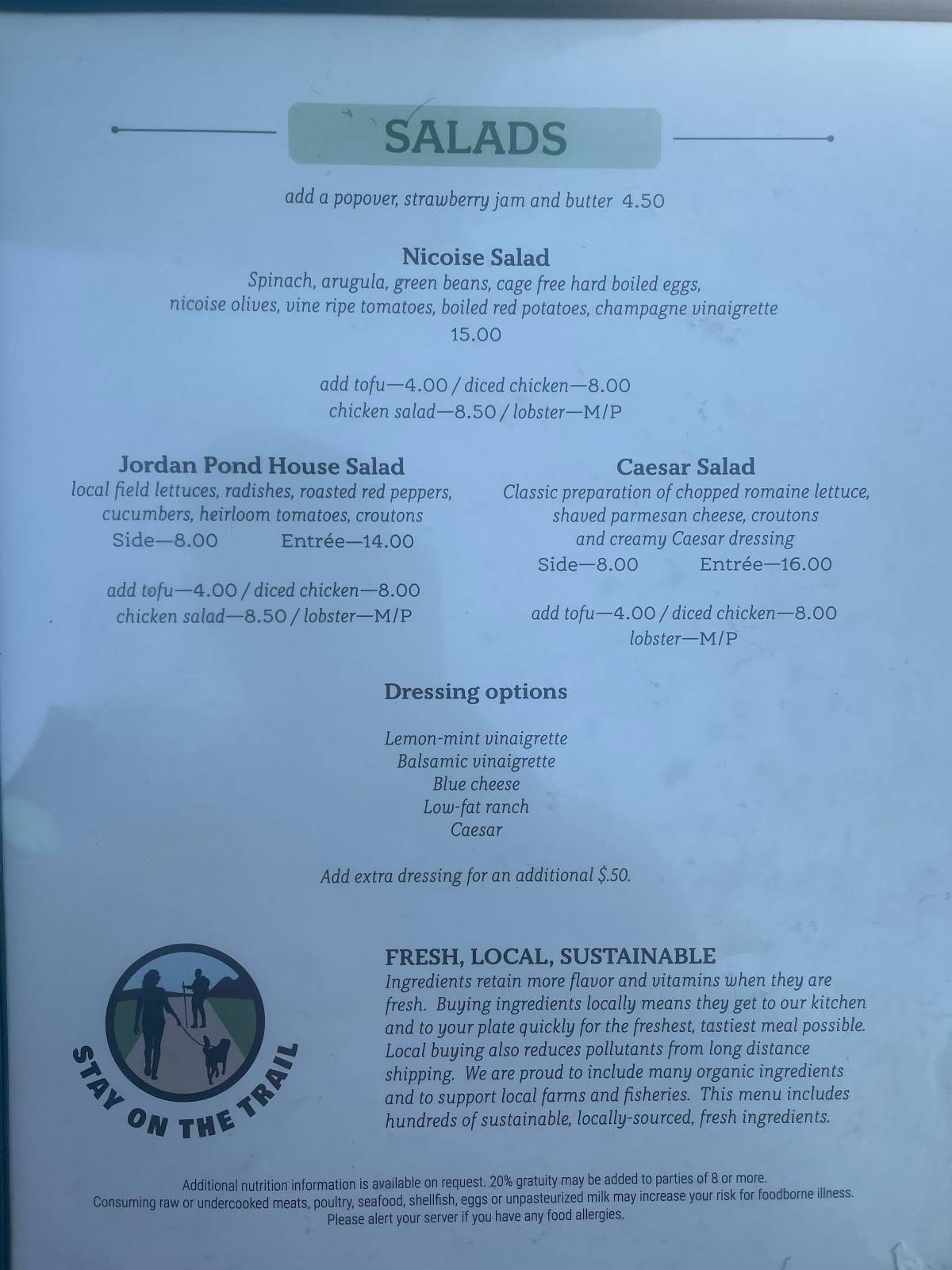 Menu at Jordan Pond House Restaurant, Mount Desert, Park Loop Rd