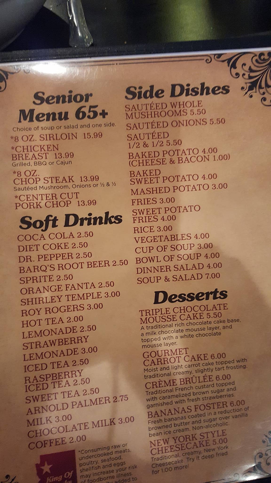 Menu at Kingman Chophouse steakhouse, Kingman