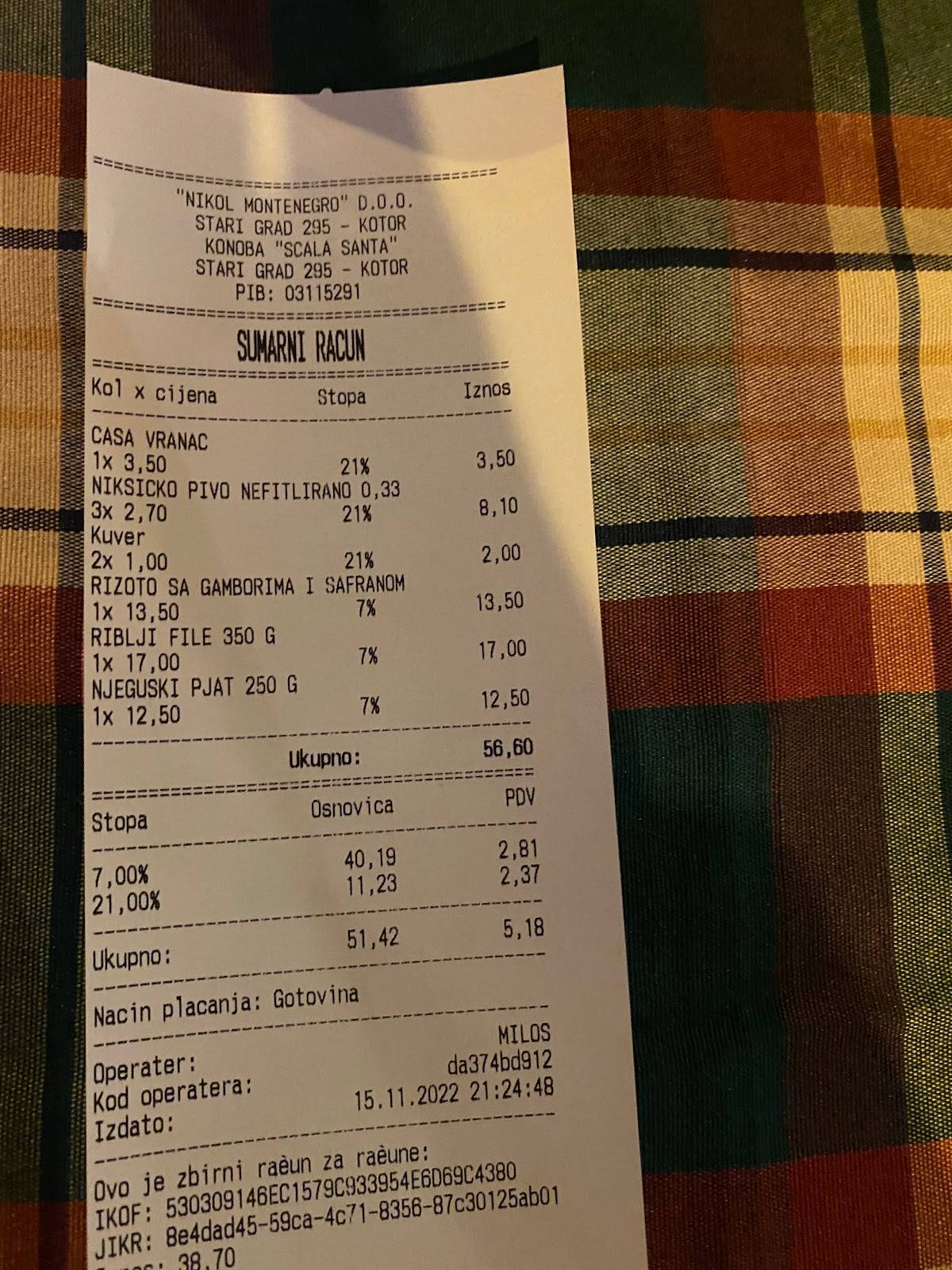 Menu at Konoba Scala Santa restaurant, Kotor
