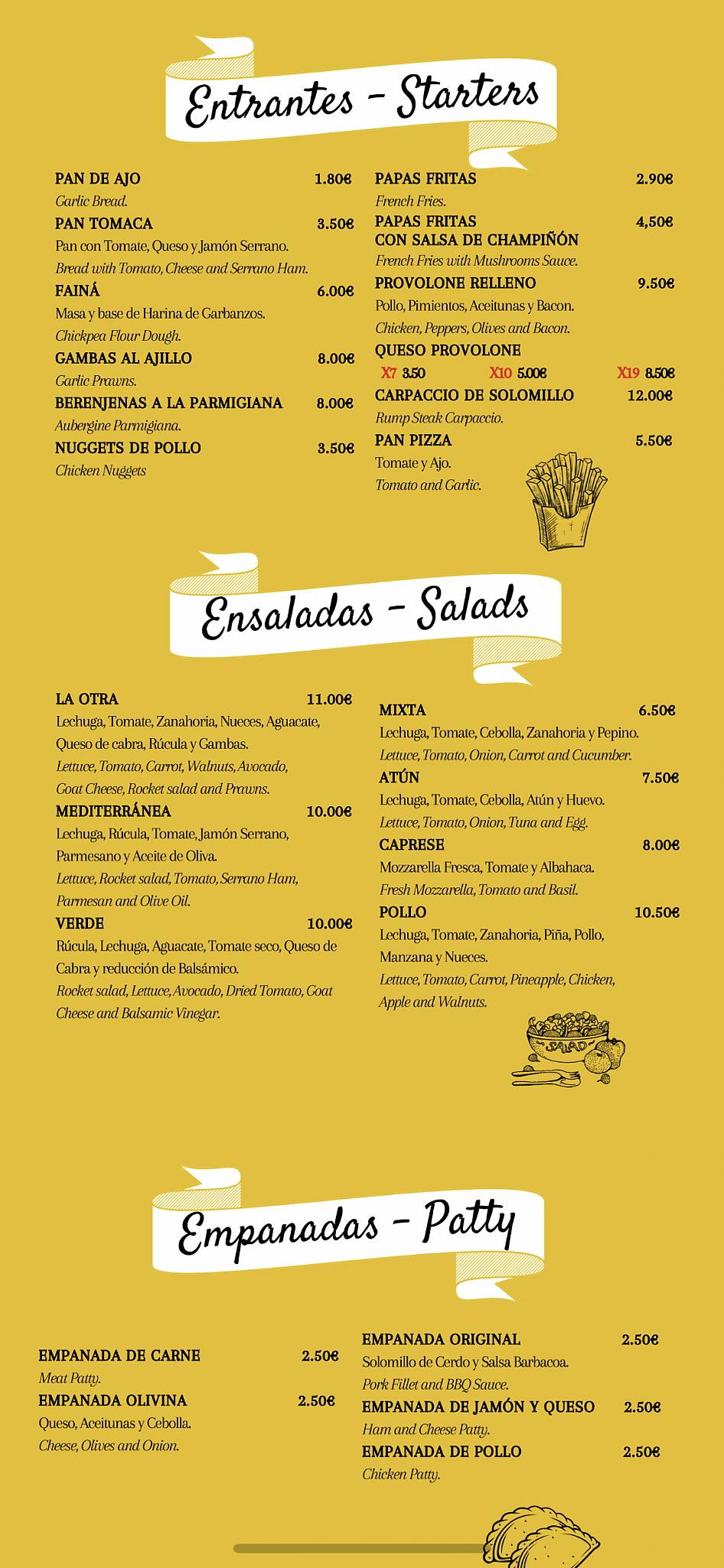 Carta del restaurante La Otra Pizza y Pasta, Costa Teguise