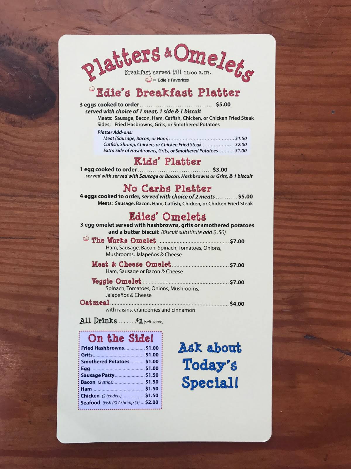 Menu at Edie's Biscuits restaurant, Lafayette, W Pinhook Rd