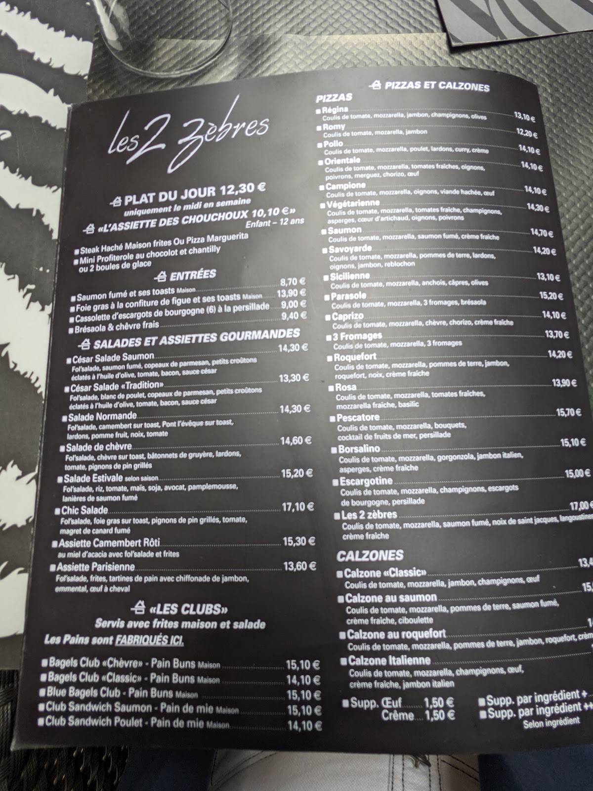 Menu au Les 2 zèbres restaurant, Le Neubourg