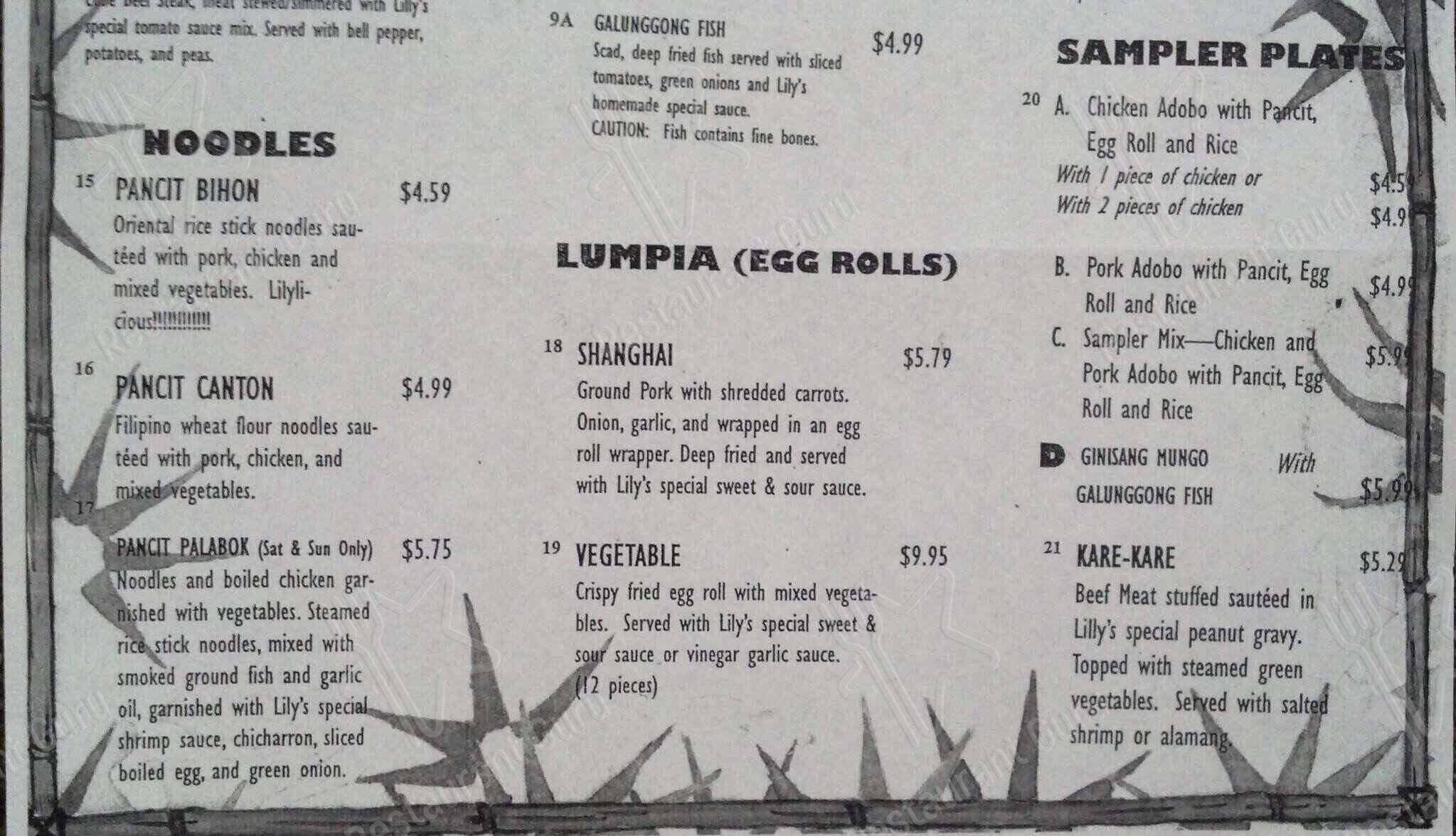 Menu at Lily's Philippine Restaurant, San Antonio
