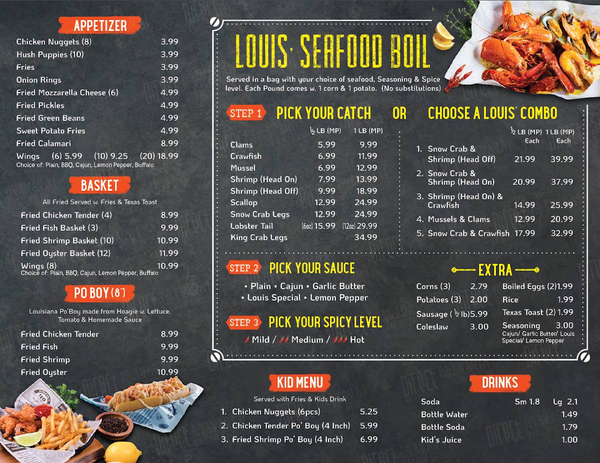 Menu at Louis' Cajun Seafood restaurant, Cincinnati, Colerain Ave