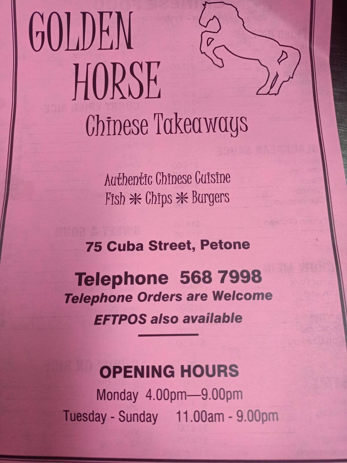 Menu at Golden Horse Takeaway restaurant, Lower Hutt