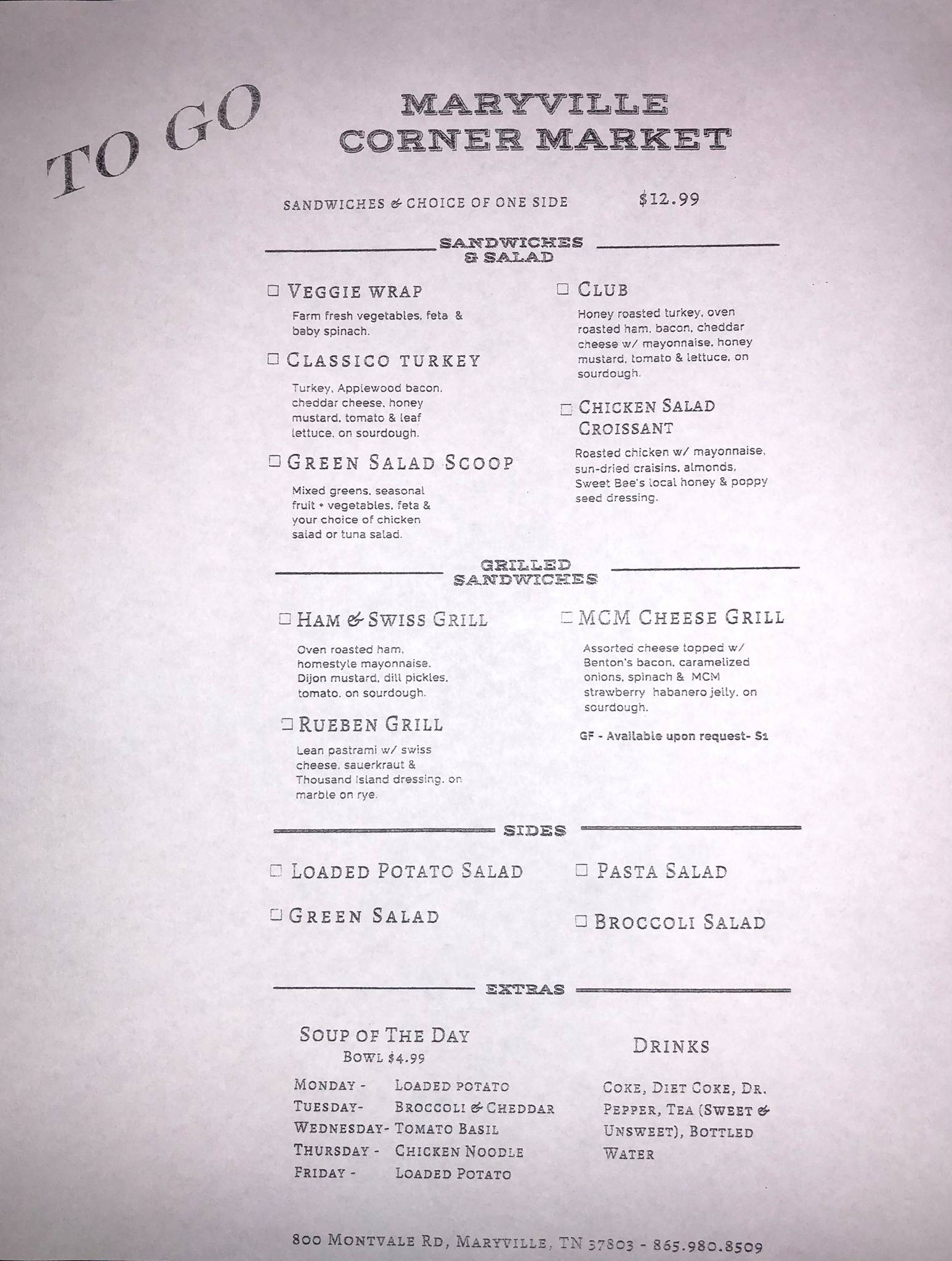 Menu at Maryville Corner Market cafe, Maryville