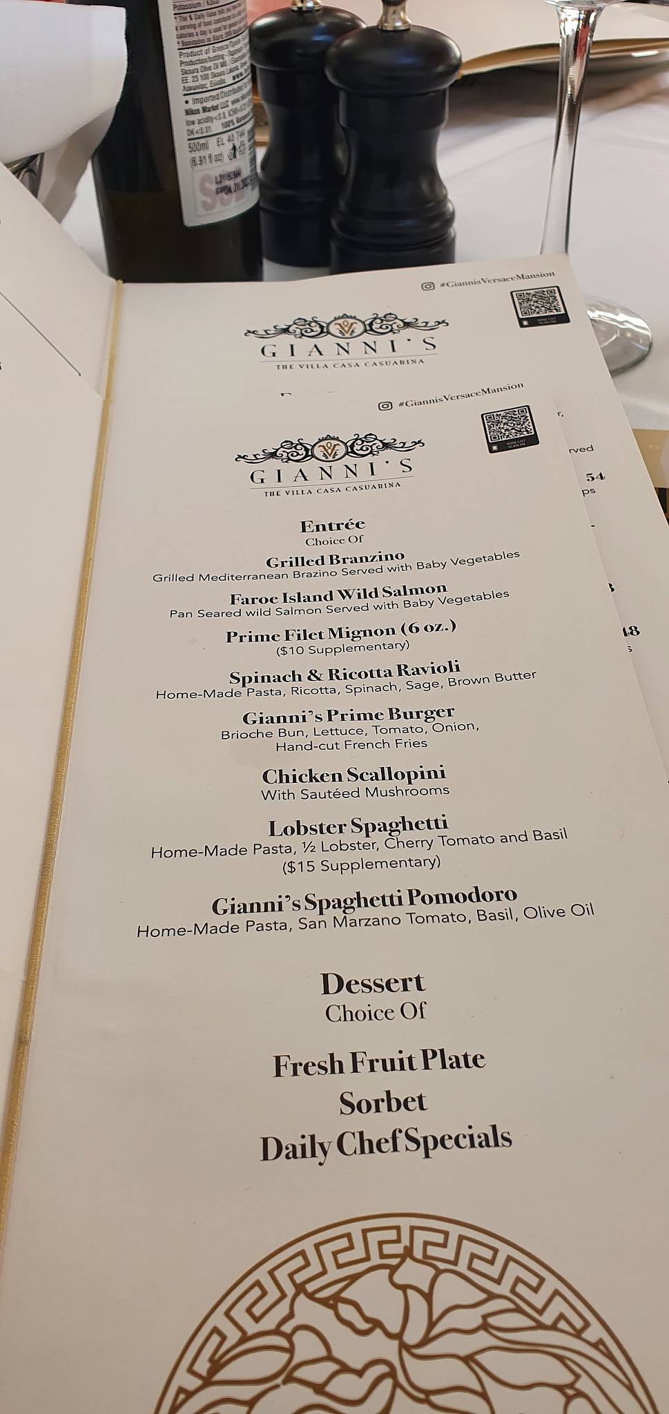 Menu at Gianni's At The Former Versace Mansion restaurant, Miami Beach