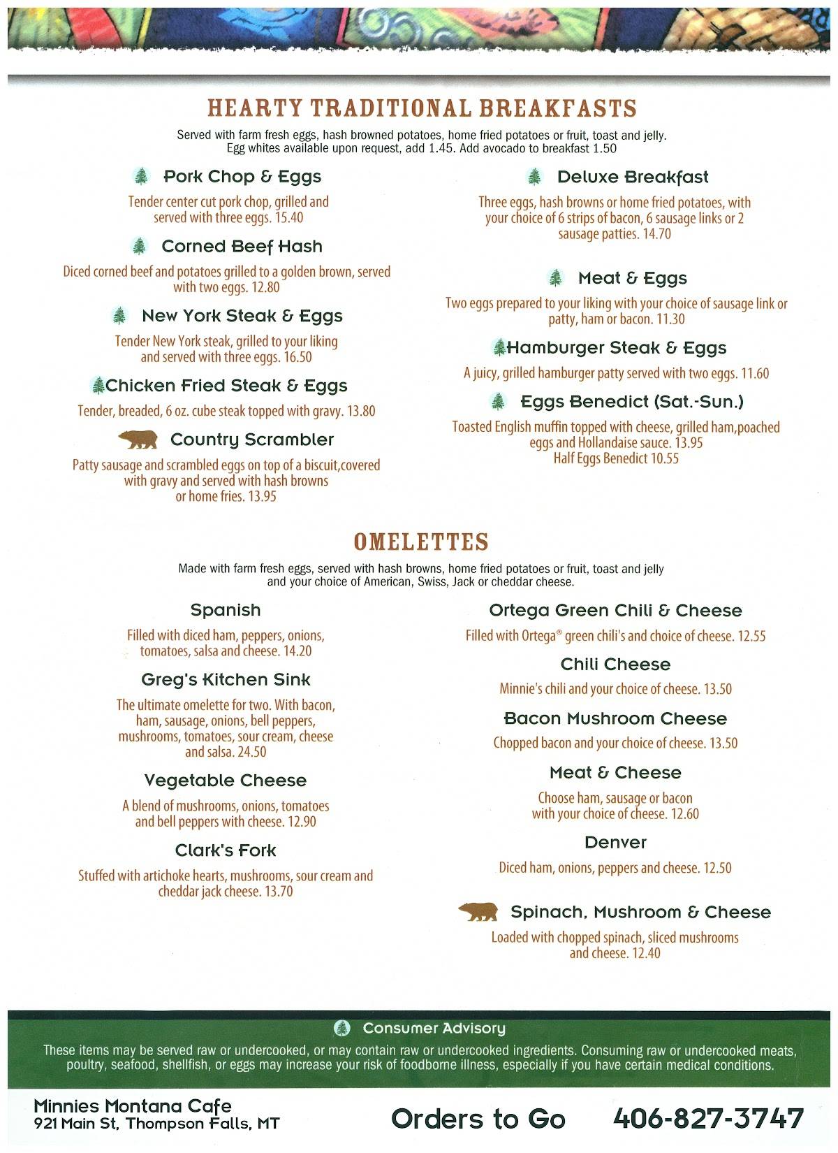 Menu at Minnie's Montana Cafe, Thompson Falls
