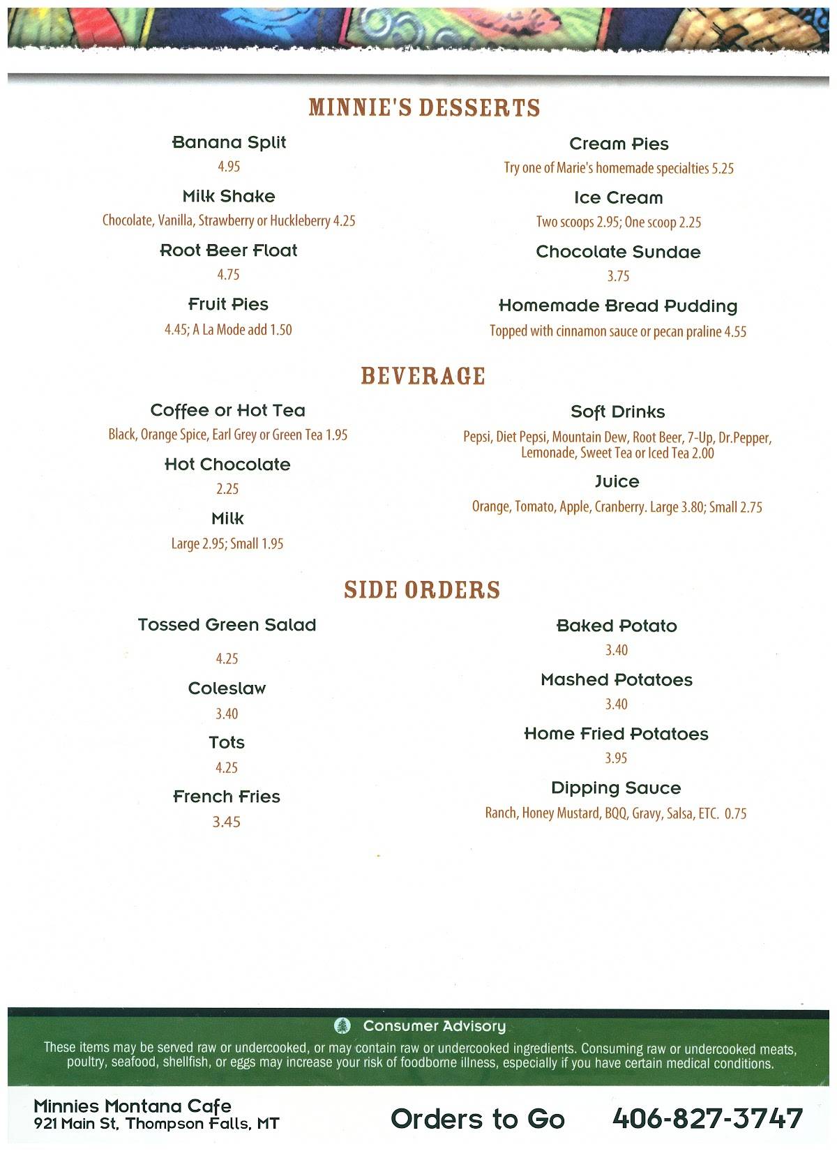 Menu at Minnie's Montana Cafe, Thompson Falls