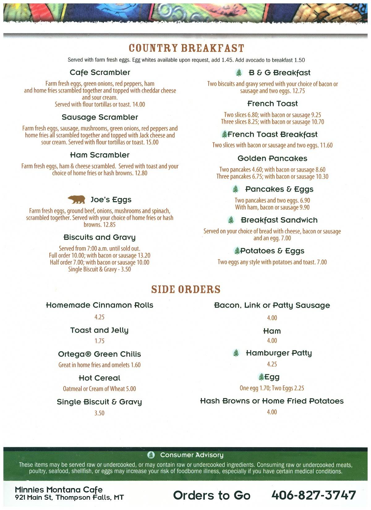 Menu at Minnie's Montana Cafe, Thompson Falls