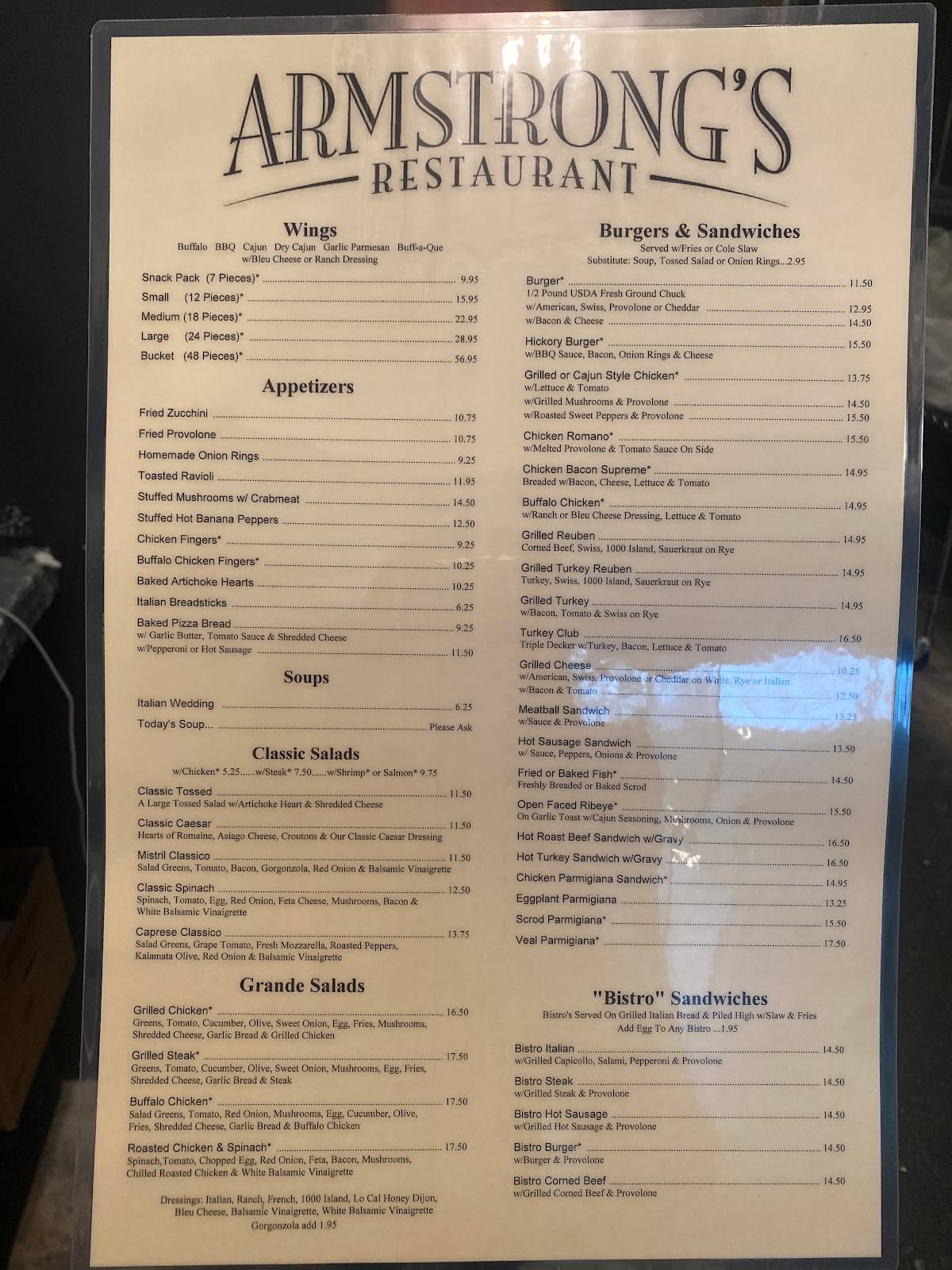 Menu at Armstrong's restaurant, Moon, Thorn Run Rd