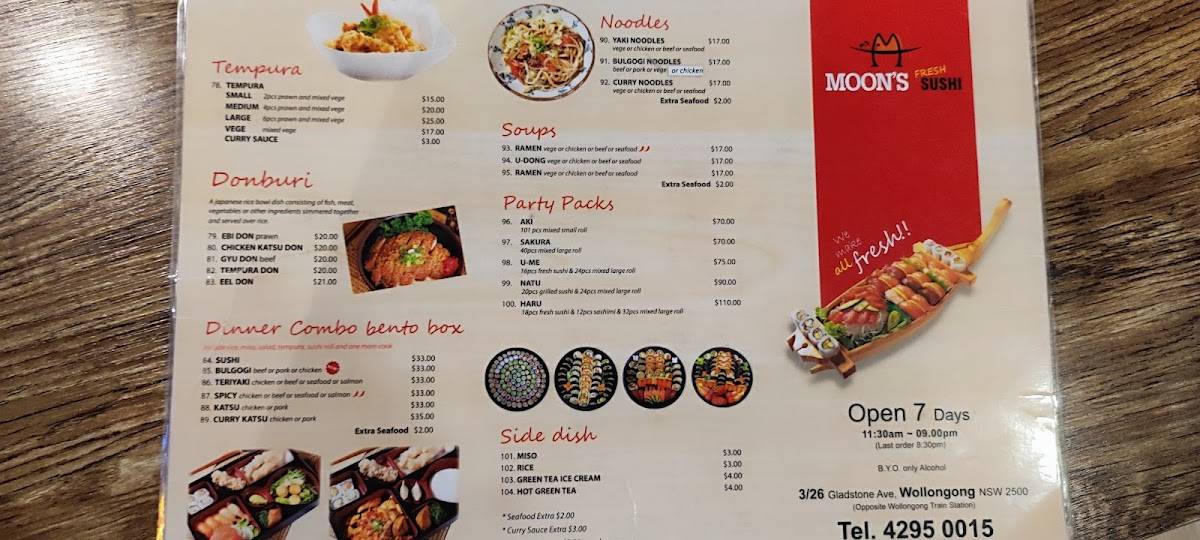 Menu at Moon Sushi Wollongong restaurant, Wollongong, 3/26 Gladstone Ave