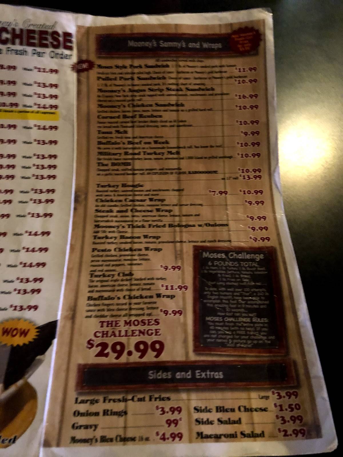 Menu at Mooney's Sports Bar & Grill, Kenmore, Military Rd