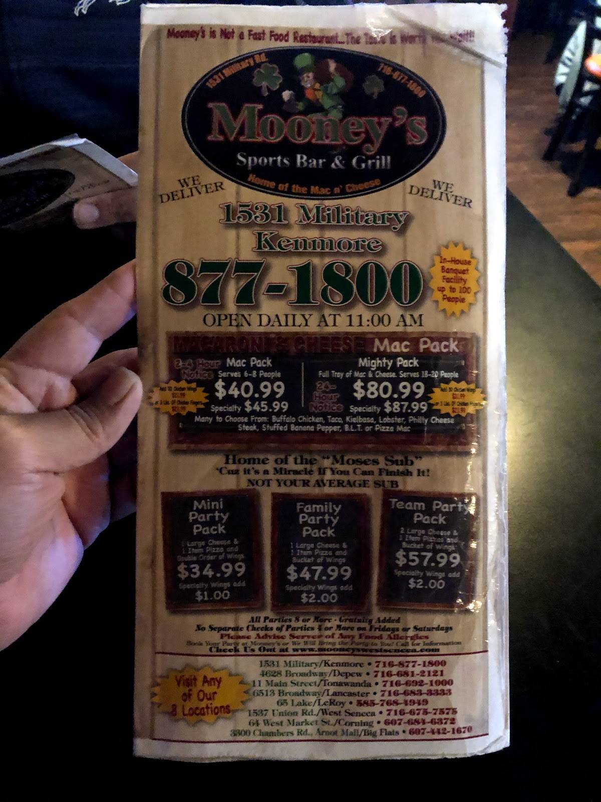 Menu at Mooney's Sports Bar & Grill, Kenmore, Military Rd
