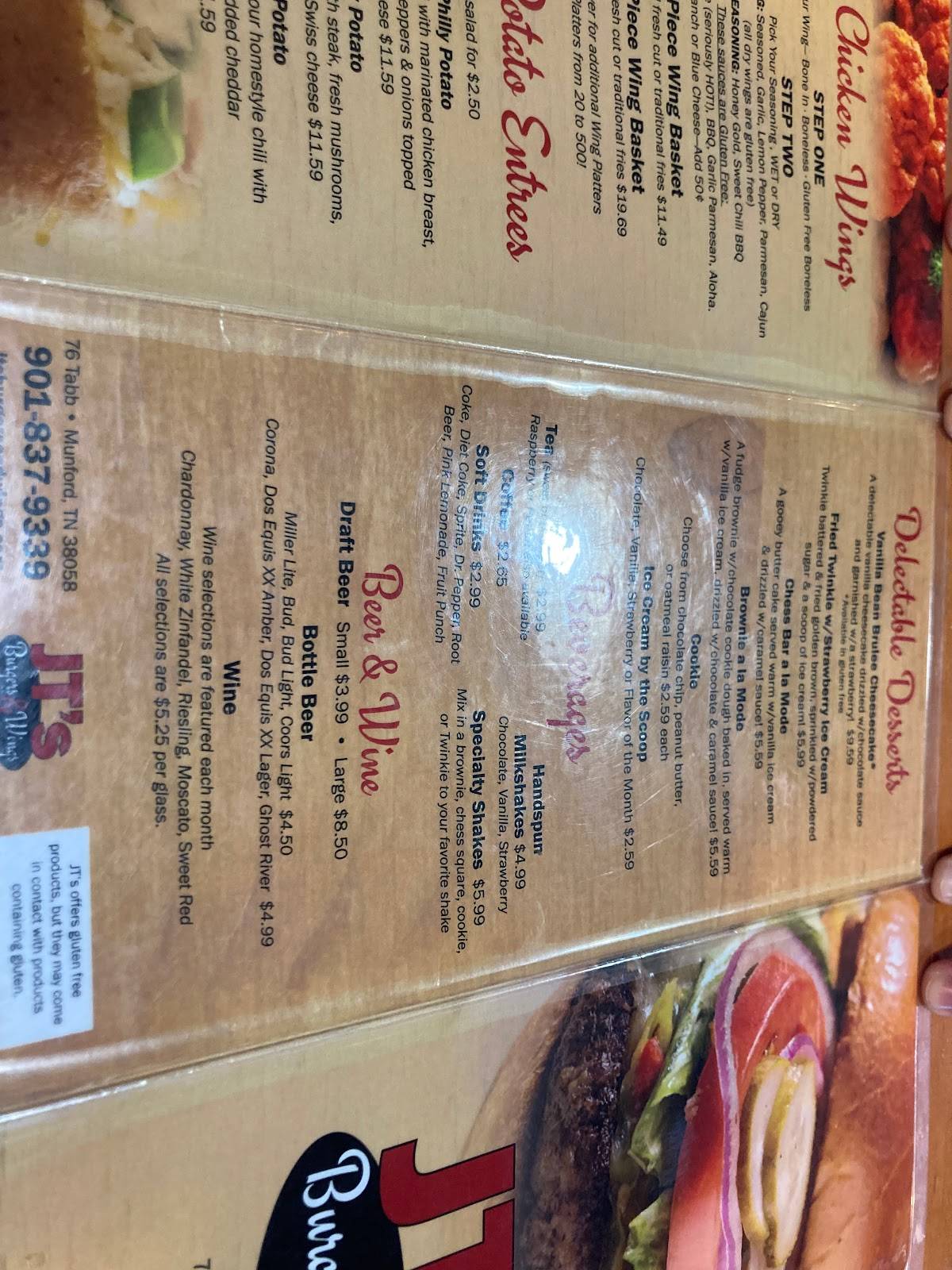 Menu at JT's Burgers & Wings restaurant, Munford
