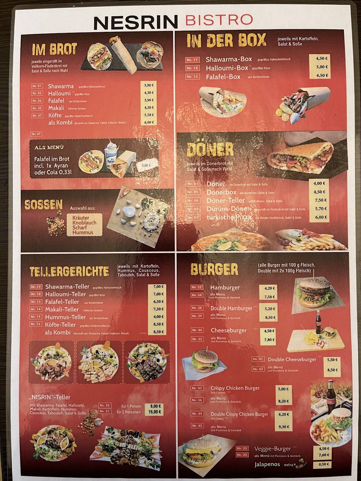 Menu at NESRIN Bistro restaurant, Berlin, Schnellerstraße 36