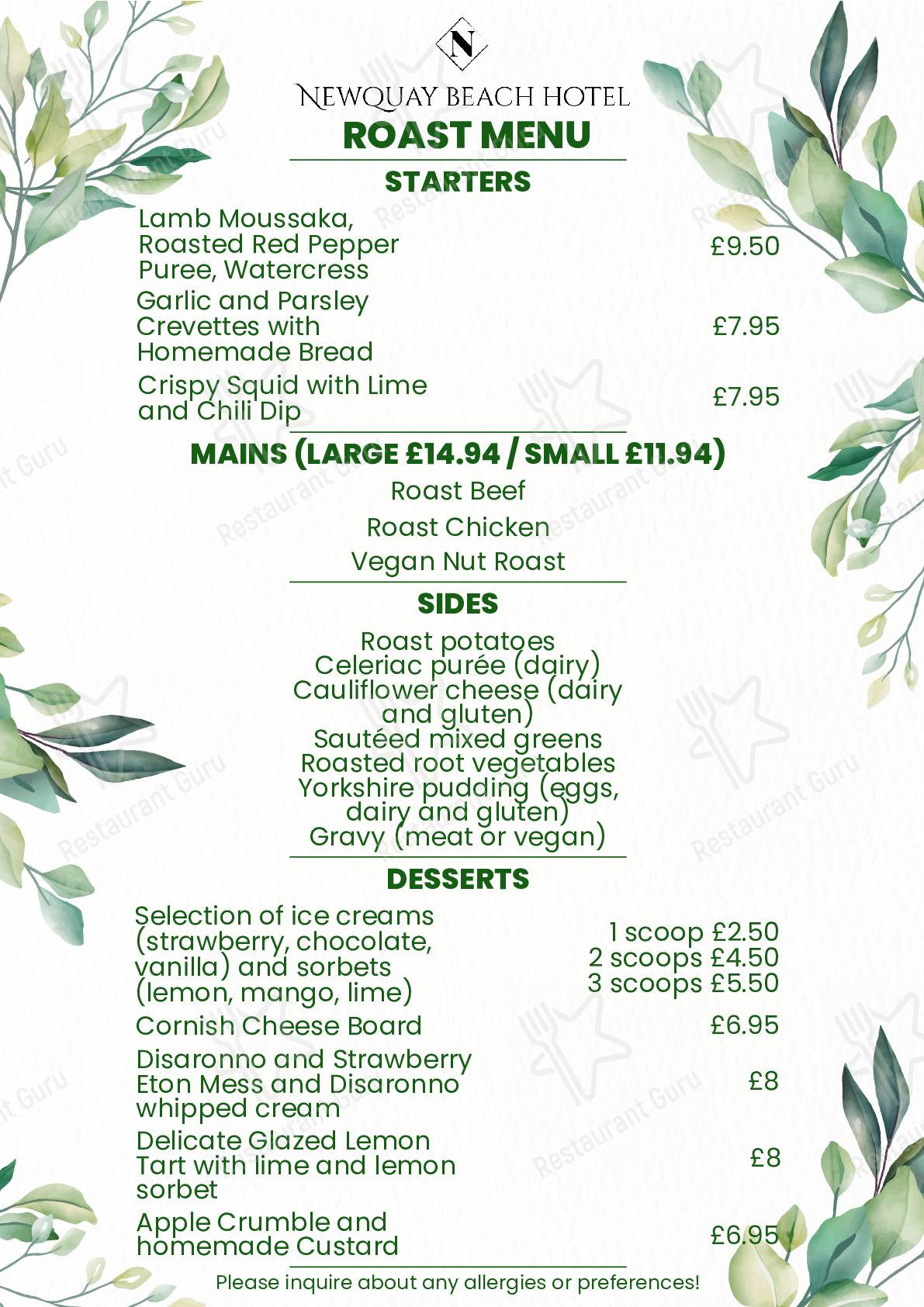 Menu at Feather Restaurant and Cocktail Bar at Newquay Beach Hotel, Newquay