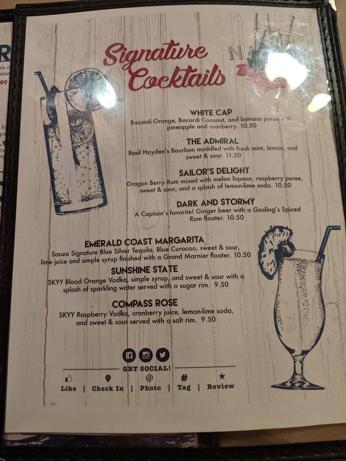 Menu at Nick's Boathouse restaurant, Pensacola