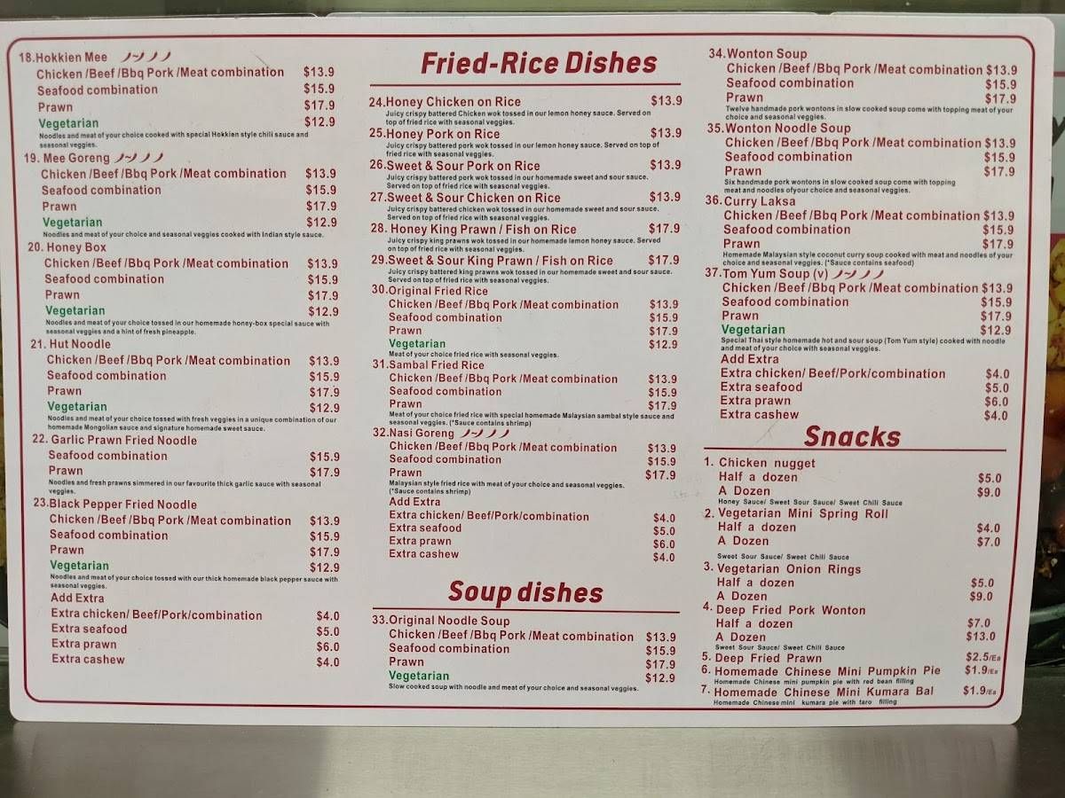 Menu at Noodle Box restaurant, Dunedin, 179 King Edward St
